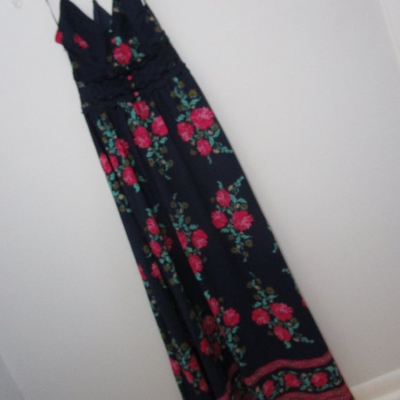 Floral Maxi Halter Racer Dress Fuchsia Navy Blue Crepe - Picture 6 of 10